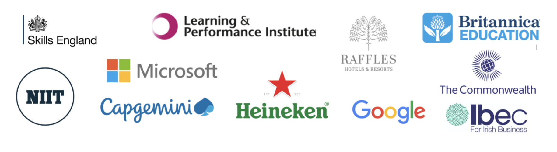 Featured guest organisations including Skills England, Learning & Performance Institute, Raffles Hotels & Resorts, Britannica Education, NIIT, Microsoft, The Commonwealth, Capgemini, Heineken, Google, and Ibec